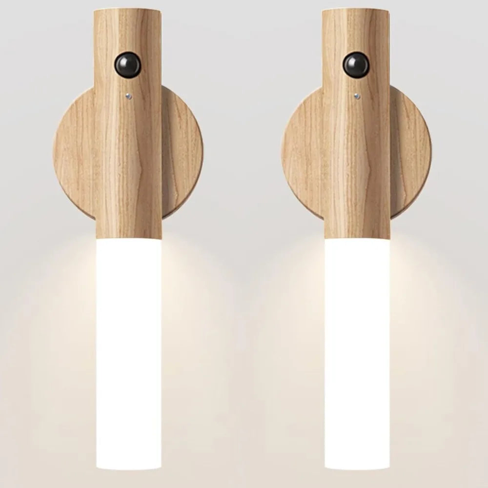 Rechargeable Motion Sensor Wall Sconce – Magnetic Wooden Night Light for Bedroom