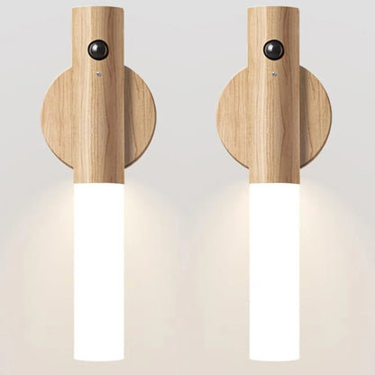 Rechargeable Motion Sensor Wall Sconce – Magnetic Wooden Night Light for Bedroom