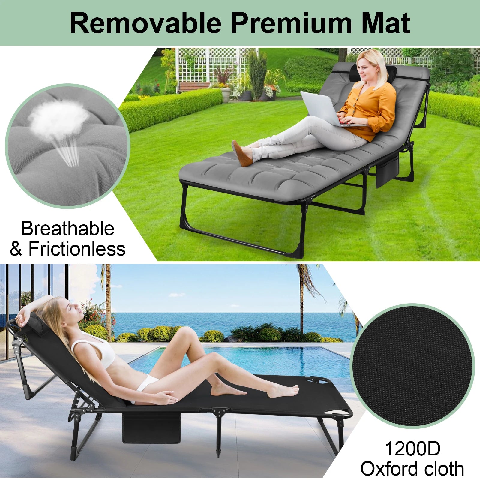 Moktan Sabai Portable Folding Camping Cot Adjustable Reclining Lounge Chair with Pillow