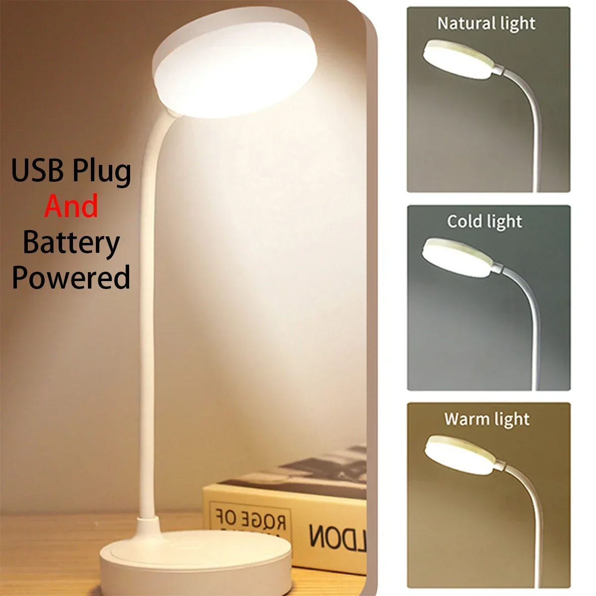 Moktan Sabai Portable LED Desk Lamp USB Battery Table Light 3-Color Stepless Dimming Eye Care WHITE