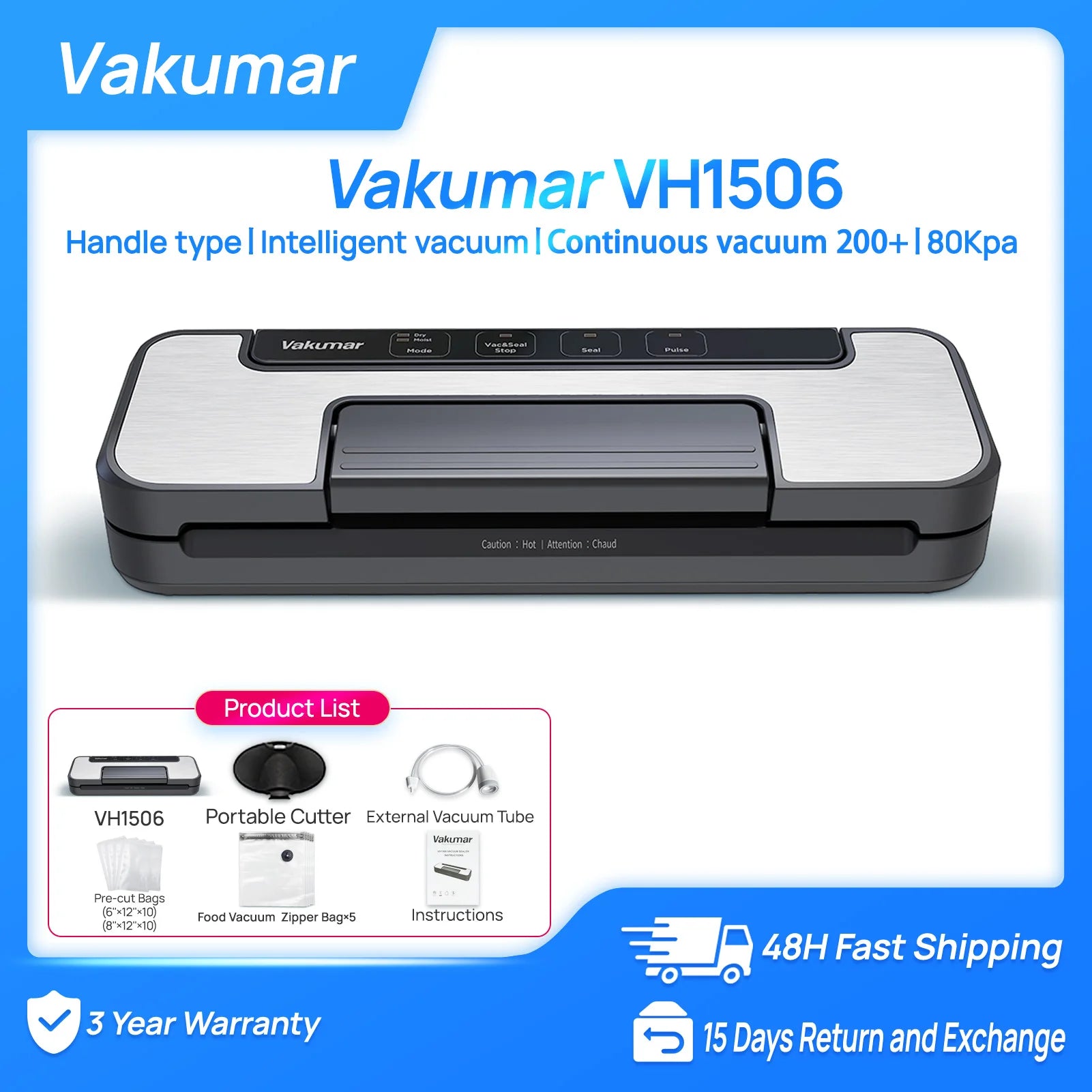 Moktan Sabai Vacuum Sealer Machine 80Kpa Sous Vide Food Saver Handle Type Multifunctional VH1506