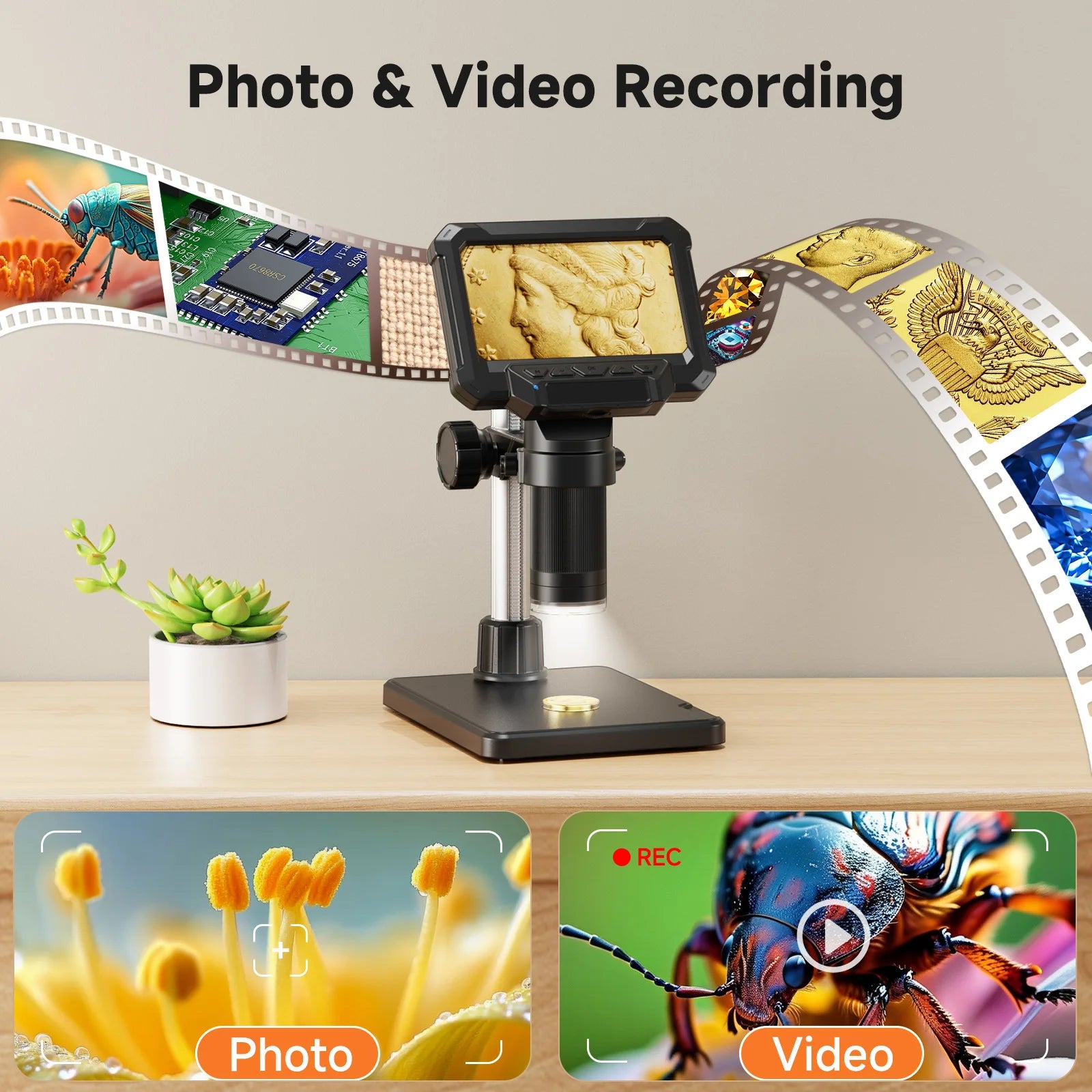 Moktan Sabai 1600X Digital Microscope 4.3 Inch IPS Screen Coin Magnifier 1080P LED