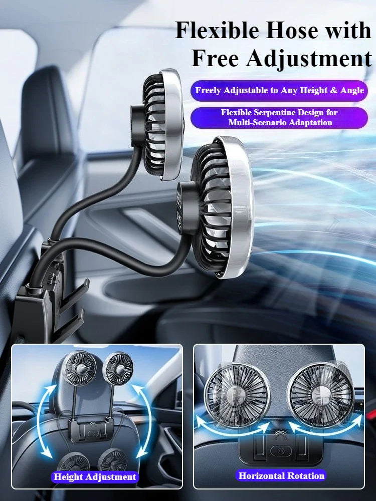 Moktan Sabai Comfort Breeze | Dual-Head Rear Seat Fan with 360° Rotation & USB-C Charging | Adjustable Airflow for Passenger Comfort