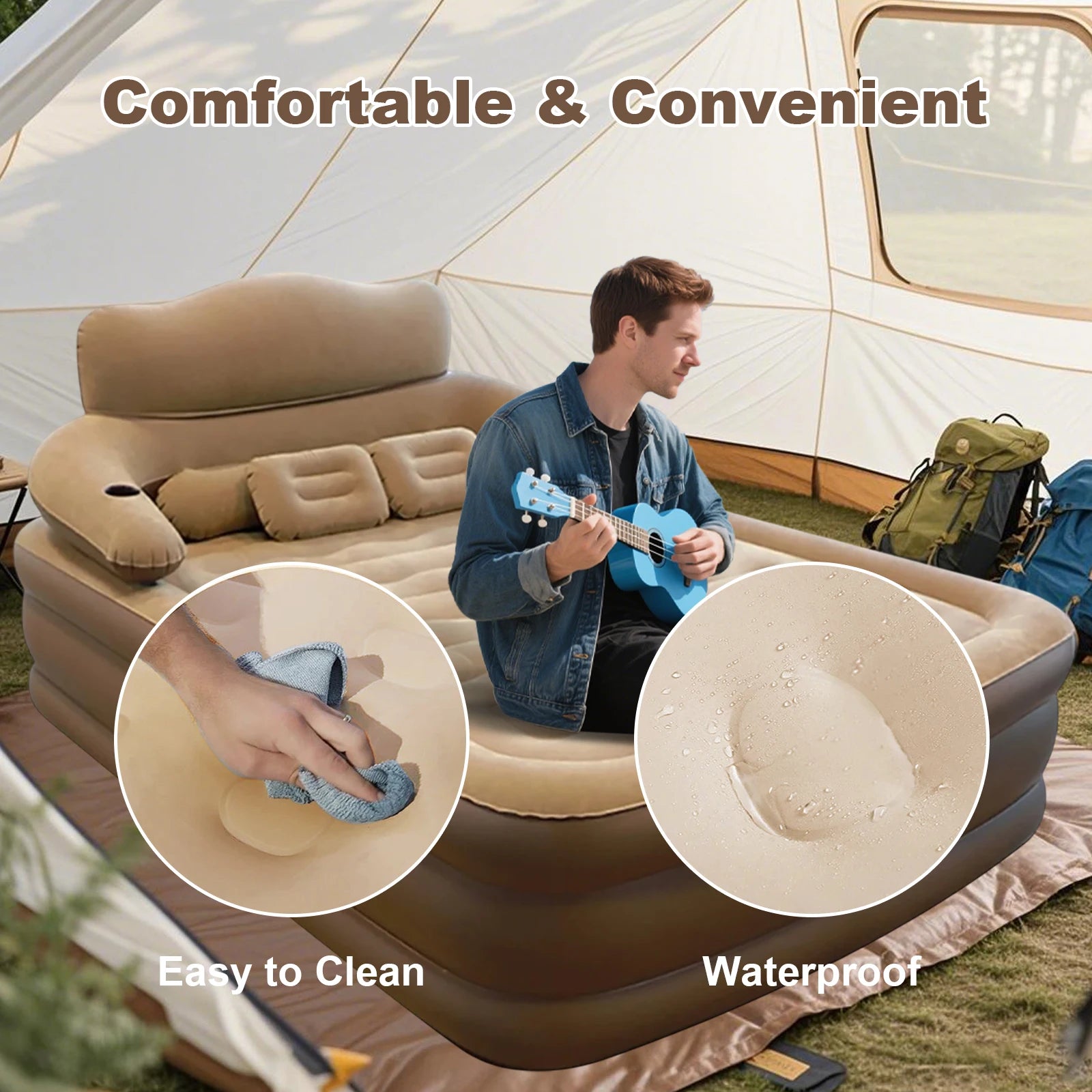 Moktan Sabai Air Mattress with Headboard Inflatable Bed Portable for Home Camping RV Travel
