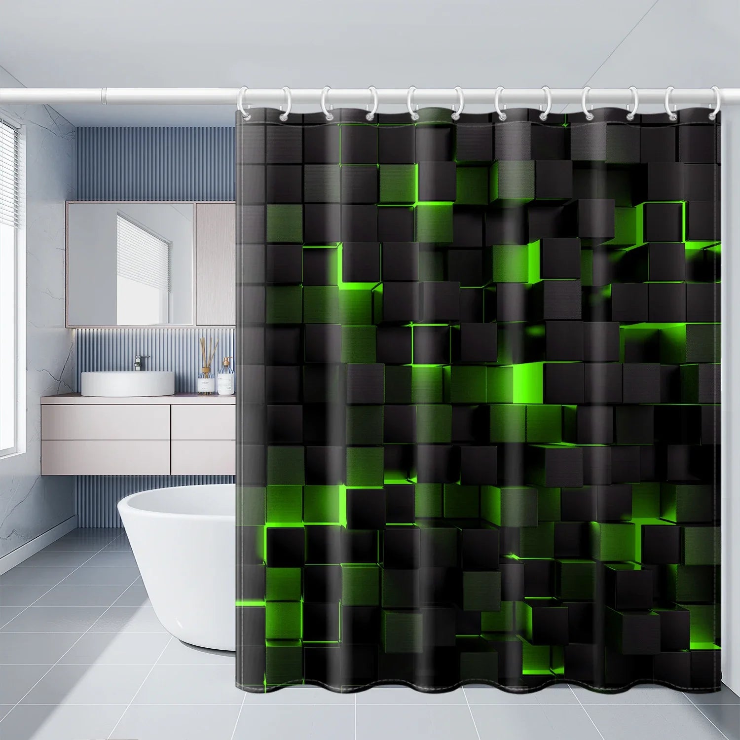Moktan Sabai 4-Piece Waterproof Shower Curtain Set with Hooks & Bathroom Floor Mats Blue Black