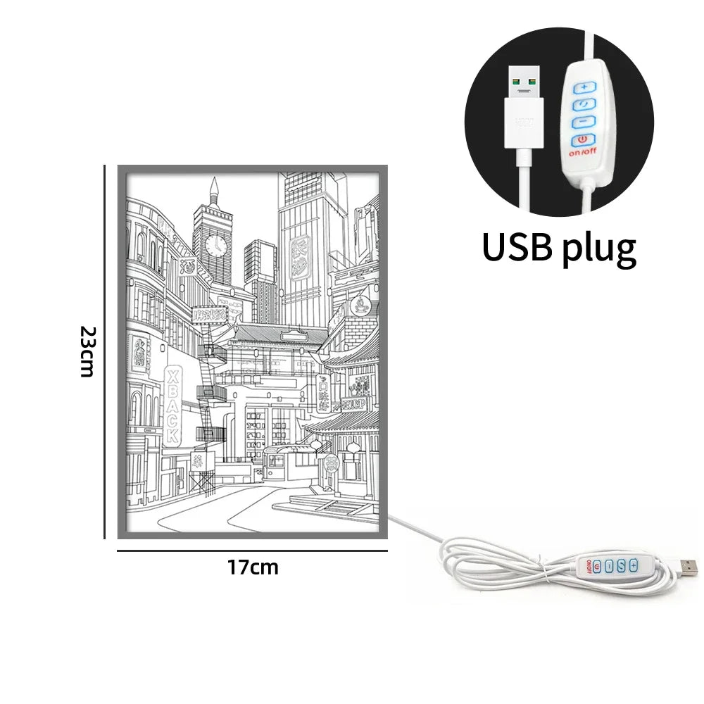 Moktan Sabai LED Cityscape Night View Light Painting USB Dimmable Wall Art Lamp Home Decor