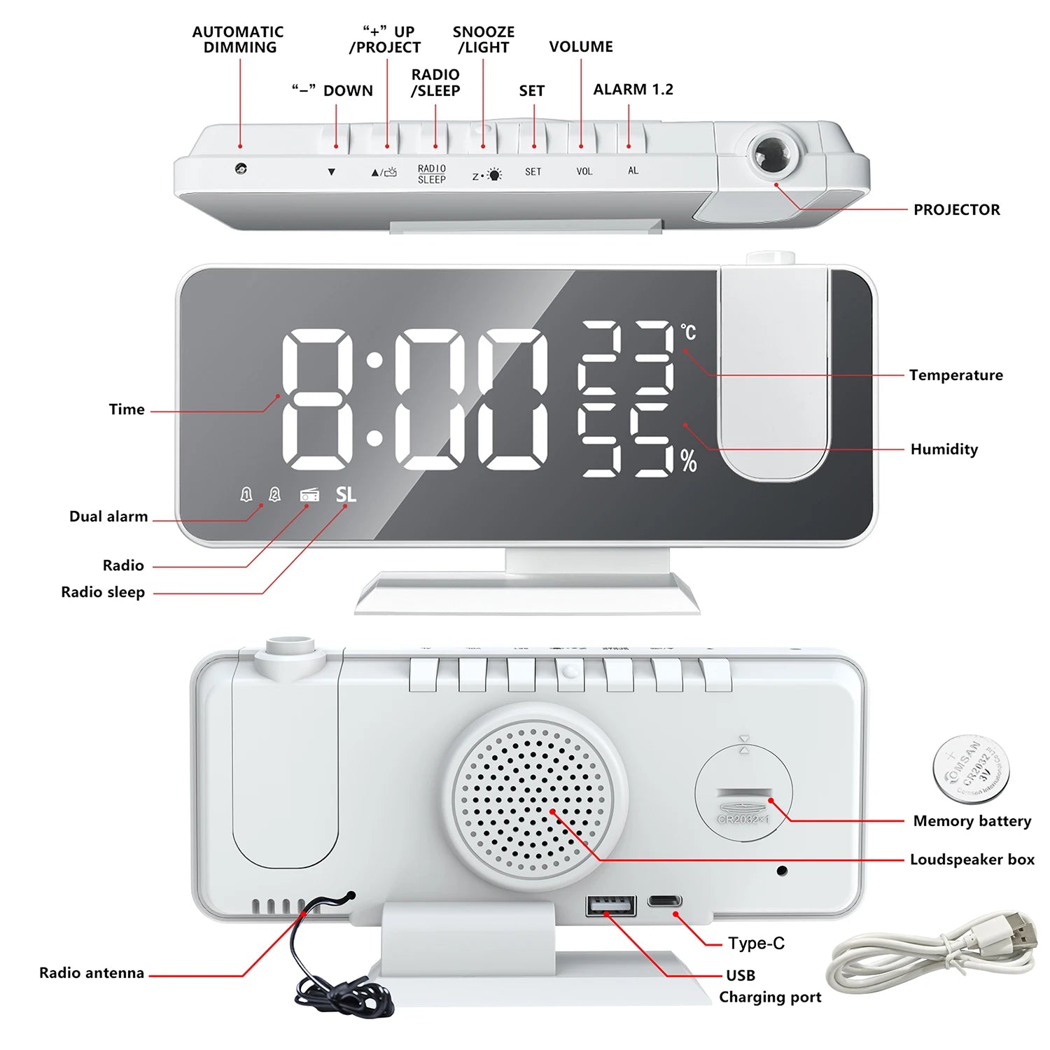 Moktan Sabai HD Projection Alarm Clock Large LED Display Digital Smart Radio Auto Dimming