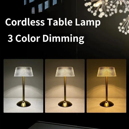 Luxury Touch LED Table Lamp Rechargeable 3 Color Bedside Glass Night Light