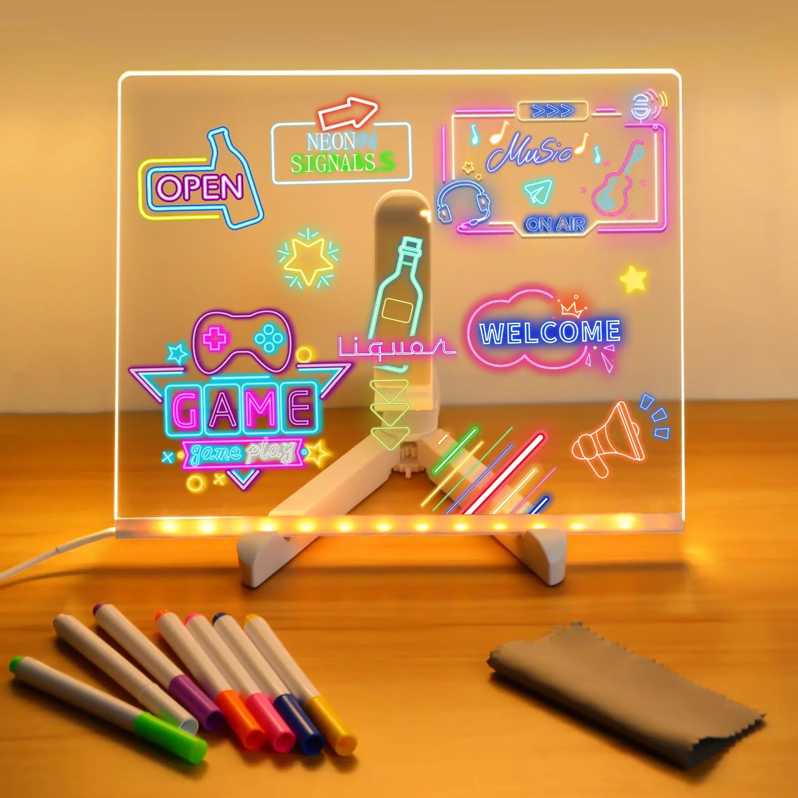 Moktan Sabai LED Kids Message Board – Colorful DIY Acrylic Drawing Board with 7 Pens Gift Medium-20x20CM