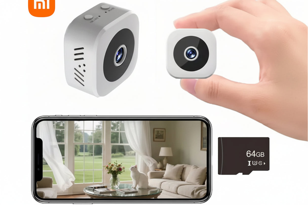 Small camera, smartphone displaying a room view, 64GB microSD card, and hand holding the camera on a white background with Xiaomi logo.