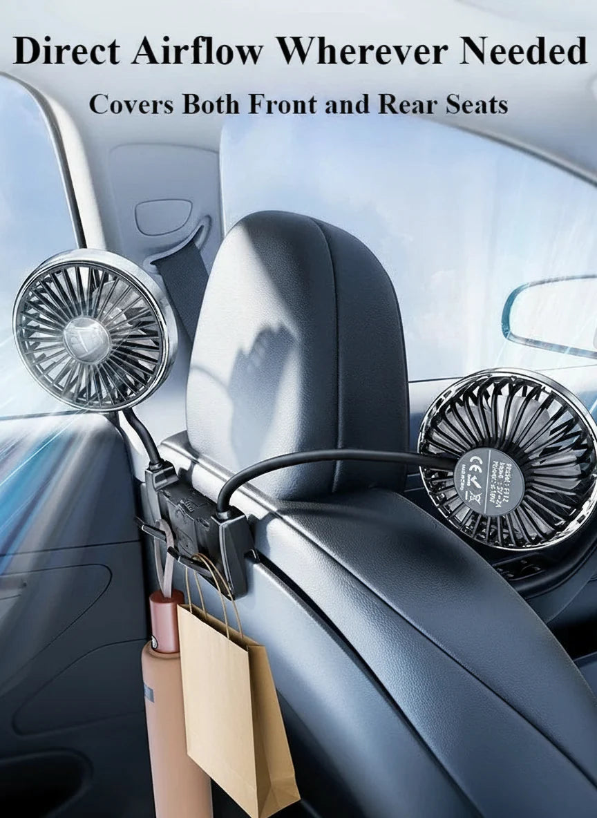 Moktan Sabai Comfort Breeze | Dual-Head Rear Seat Fan with 360° Rotation & USB-C Charging | Adjustable Airflow for Passenger Comfort