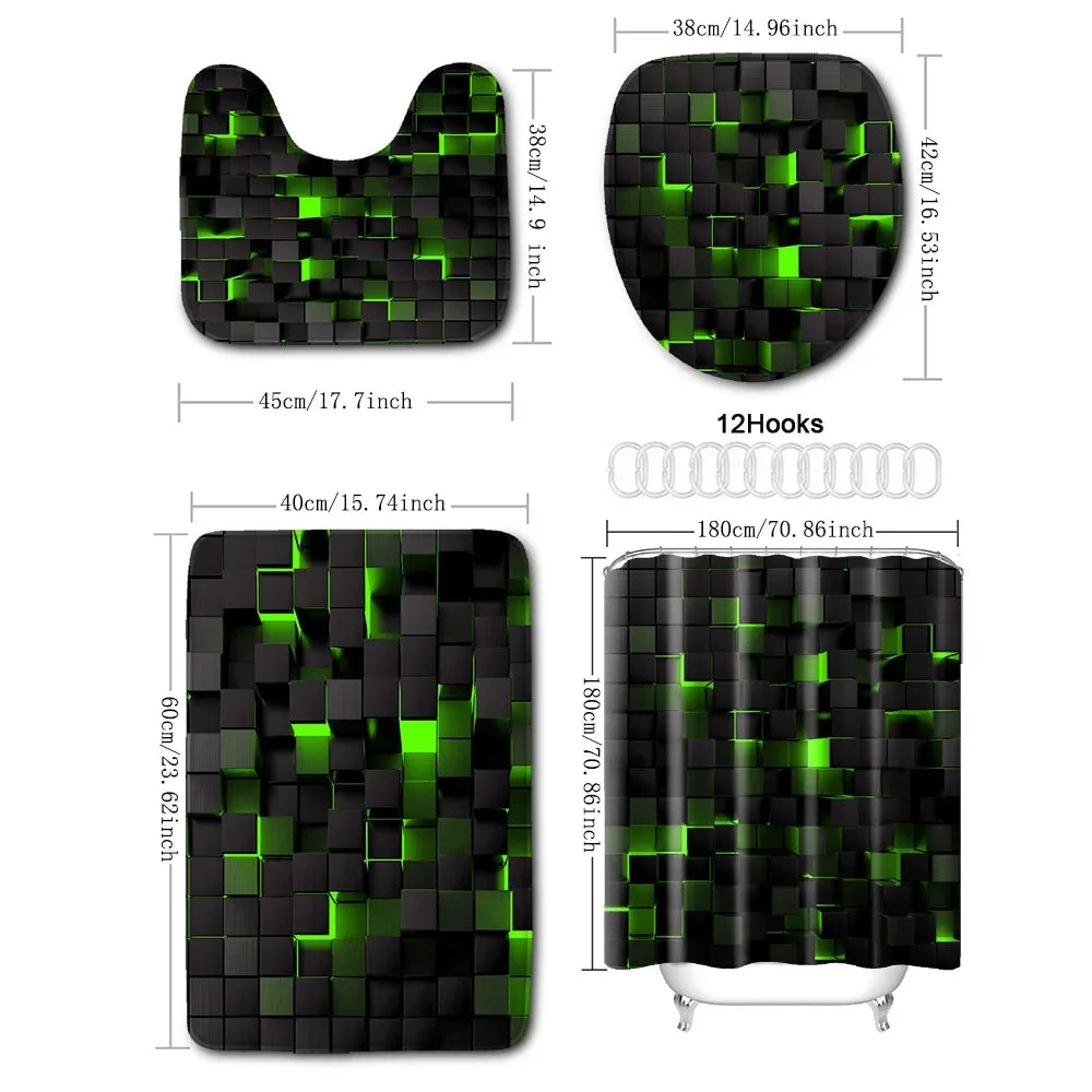 Moktan Sabai 4-Piece Waterproof Shower Curtain Set with Hooks & Bathroom Floor Mats Blue Black