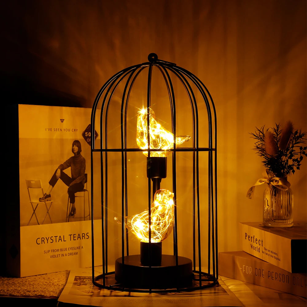 Moktan Sabai Birdcage Table Lamp Battery Operated Cordless Fairy Light Bird LED Home Decor