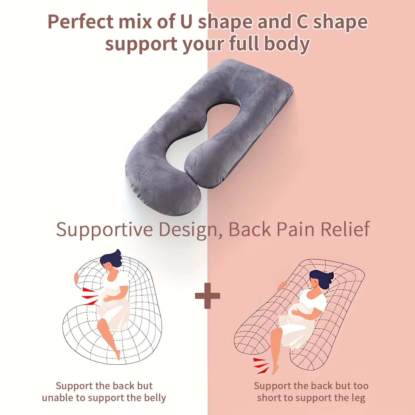 Moktan Sabai U-Shaped Full Body Pillow Side Sleeper Support Cushion 155cm Grey