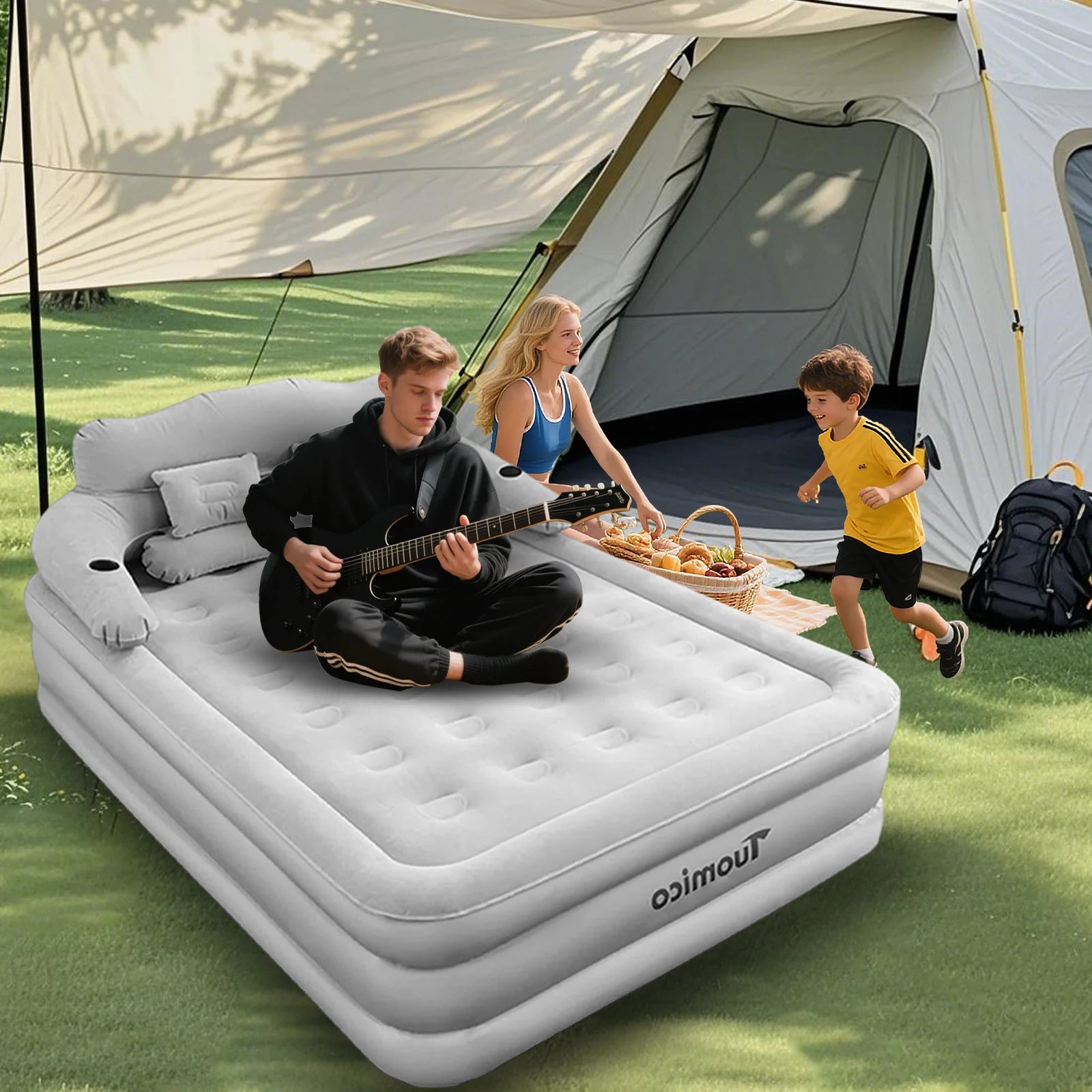 Moktan Sabai Air Mattress with Headboard Inflatable Bed Portable for Home Camping RV Travel