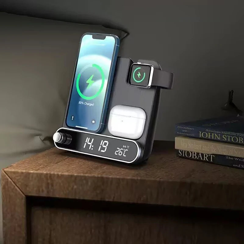 Moktan Sabai 3-in-1 Wireless Charging Station with Alarm Clock Fast Charger for iPhone & Watch Black