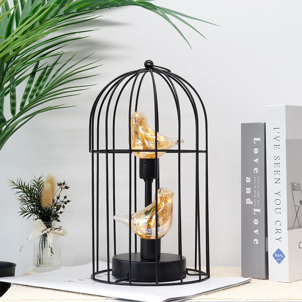 Moktan Sabai Birdcage Table Lamp Battery Operated Cordless Fairy Light Bird LED Home Decor