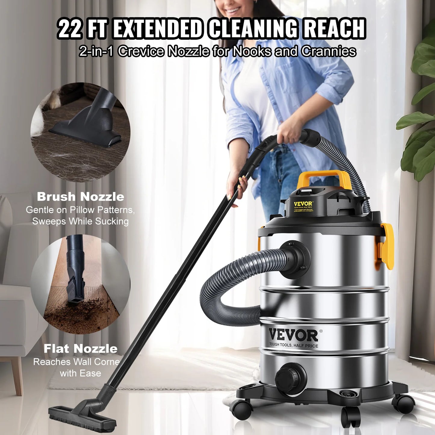Stainless Steel Wet Dry Shop Vacuum Powerful Suction for Carpet Debris Pet Hair