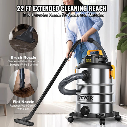 Stainless Steel Wet Dry Shop Vacuum Powerful Suction for Carpet Debris Pet Hair