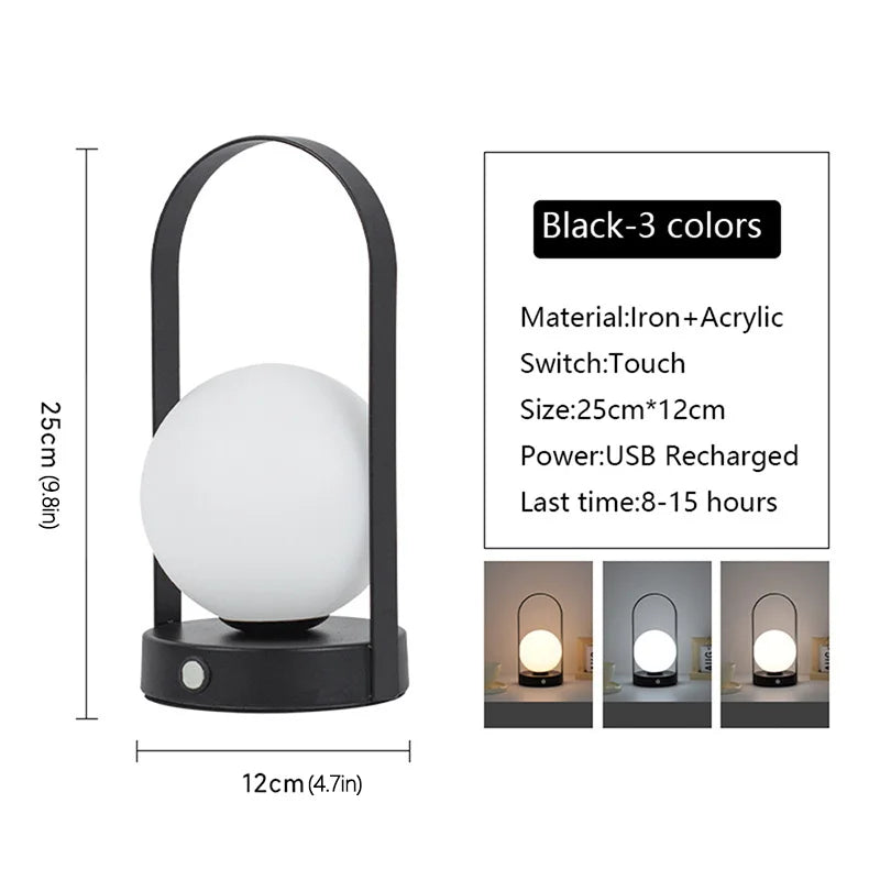 Portable Metal Table Lamp Rechargeable Dimmable 3 Color LED Bedside Desk Light