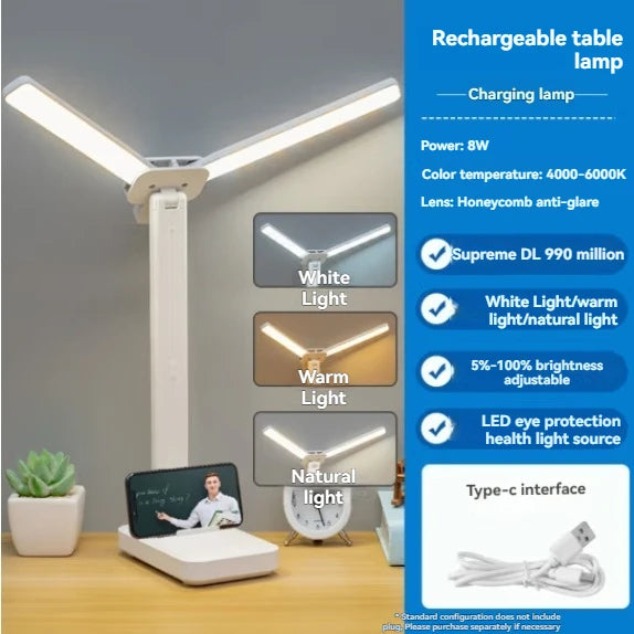 Moktan Sabai Dual Head LED Desk Lamp | USB Rechargeable Foldable Dimmable Study Reading Light