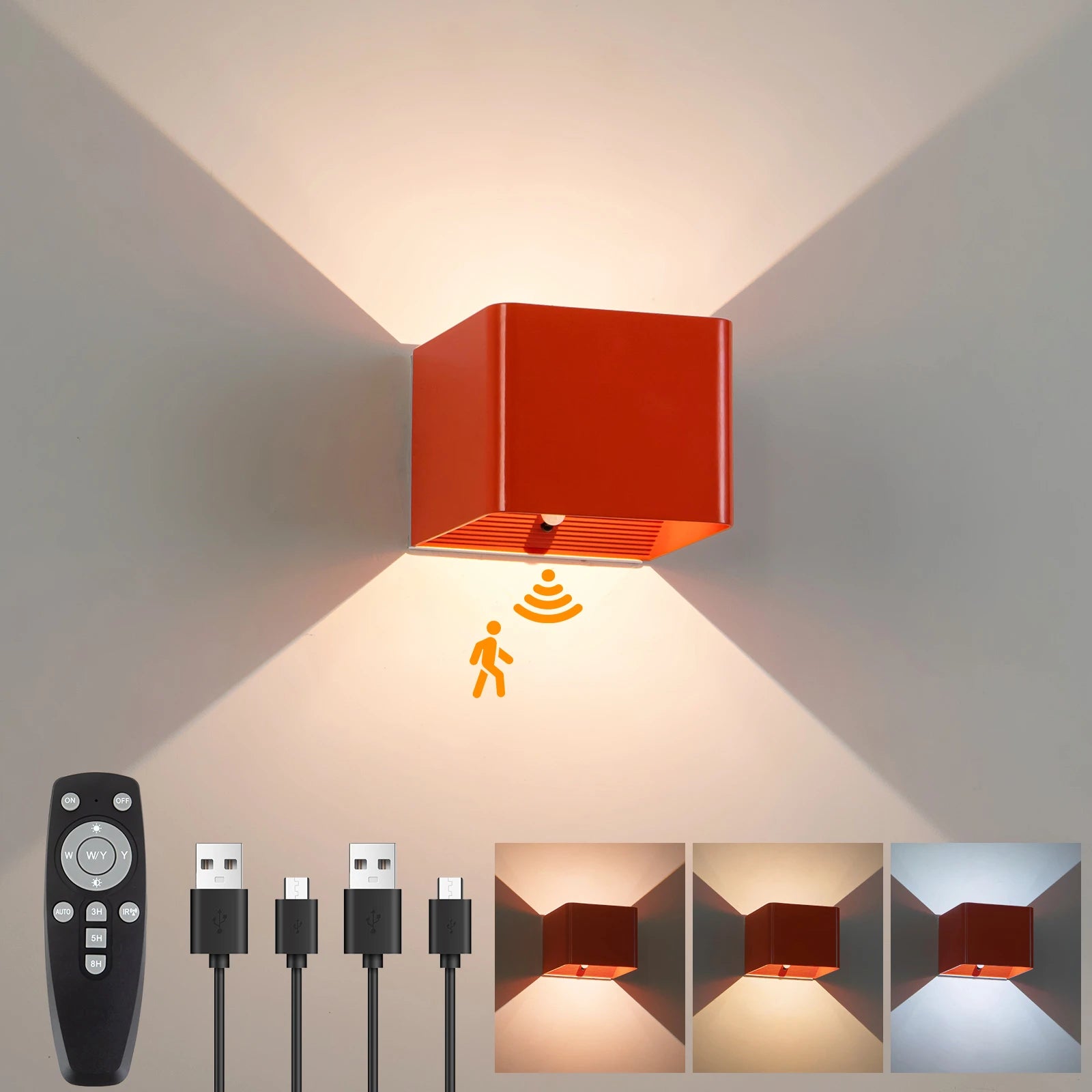 Moktan Sabai Battery Operated LED Wall Light Motion Sensor Remote Rechargeable Bedroom Orange