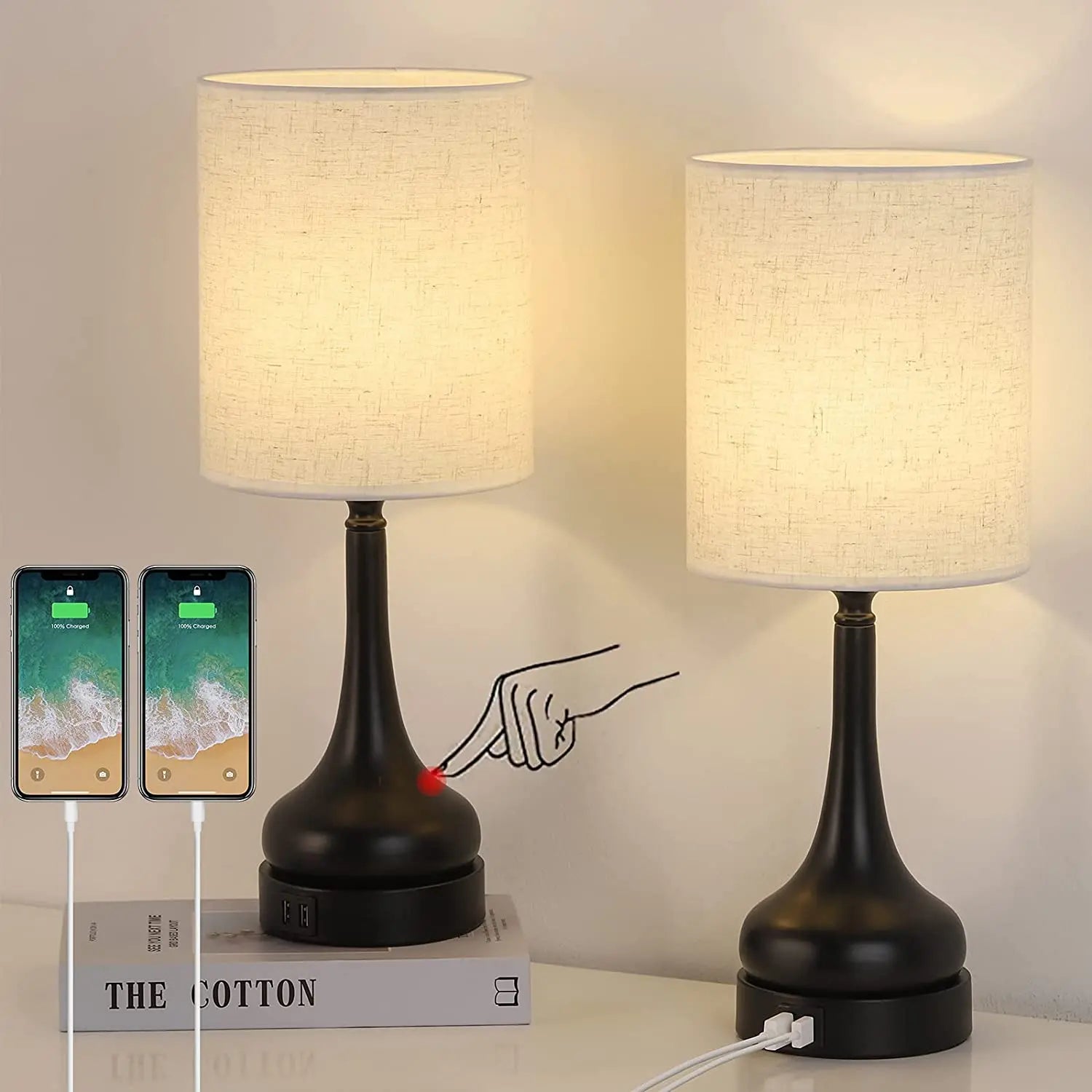 Moktan Sabai Bedside Table Lamp Set of 2 Touch Control Lamps with USB Charging for Bedroom