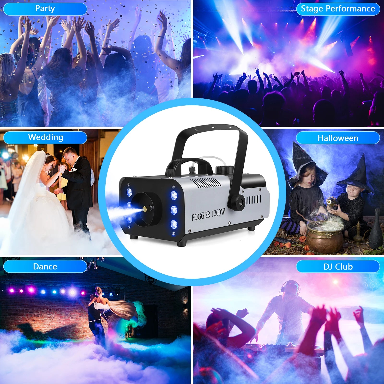 Moktan Sabai 1200W Smoke Fog Machine with RGB 6LEDs Remote Stage Haze Generator for Parties