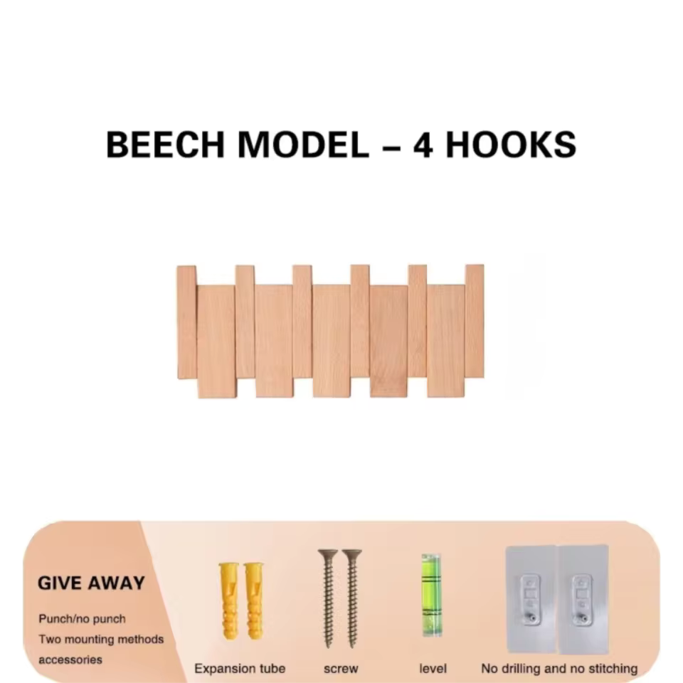 Moktan Sabai Wooden Piano Coat Rack Wall Mounted Solid Wood Hooks 4 6 8 Hook Organizer