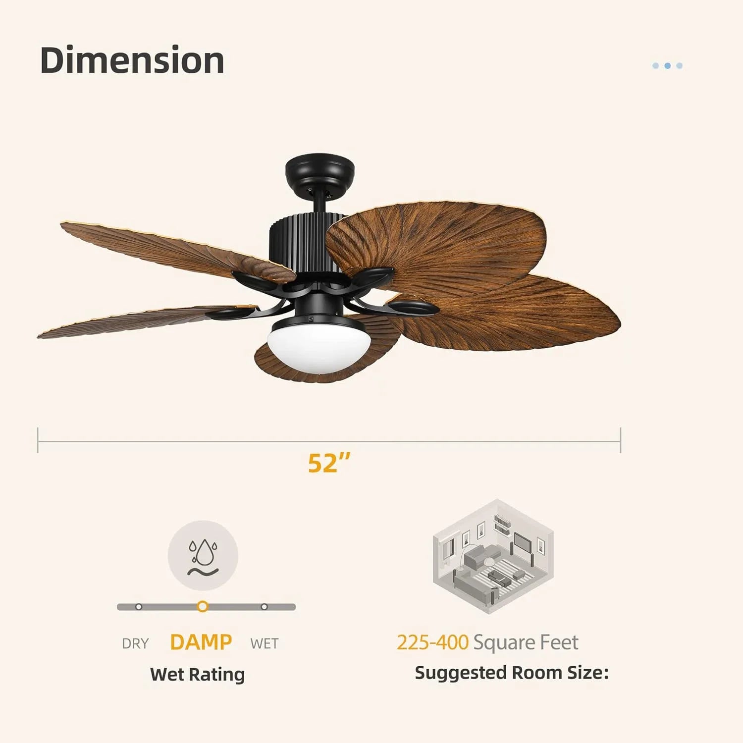 Moktan Sabai Outdoor Ceiling Fan 5 Palm Leaf Blades Brown Tropical 52inch walnut