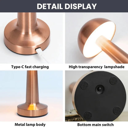 Retro LED Mushroom Table Lamp USB Rechargeable Dimmable Bedside Desk Light