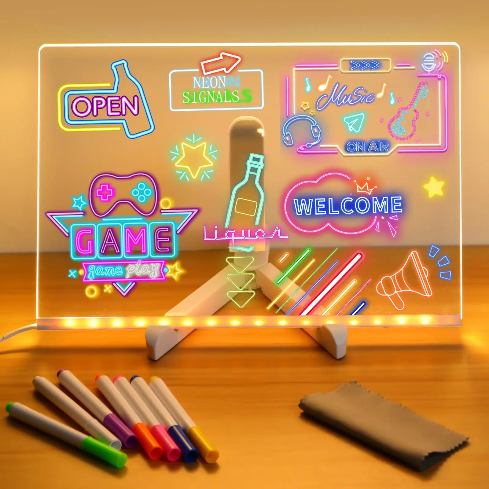 Moktan Sabai LED Kids Message Board – Colorful DIY Acrylic Drawing Board with 7 Pens Gift Big-30x20CM