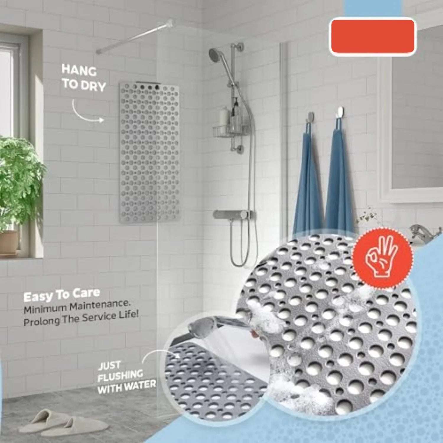 Moktan Sabai Non Slip Bathtub Shower Mat with Suction Cups Drain Holes 30x17 Inch