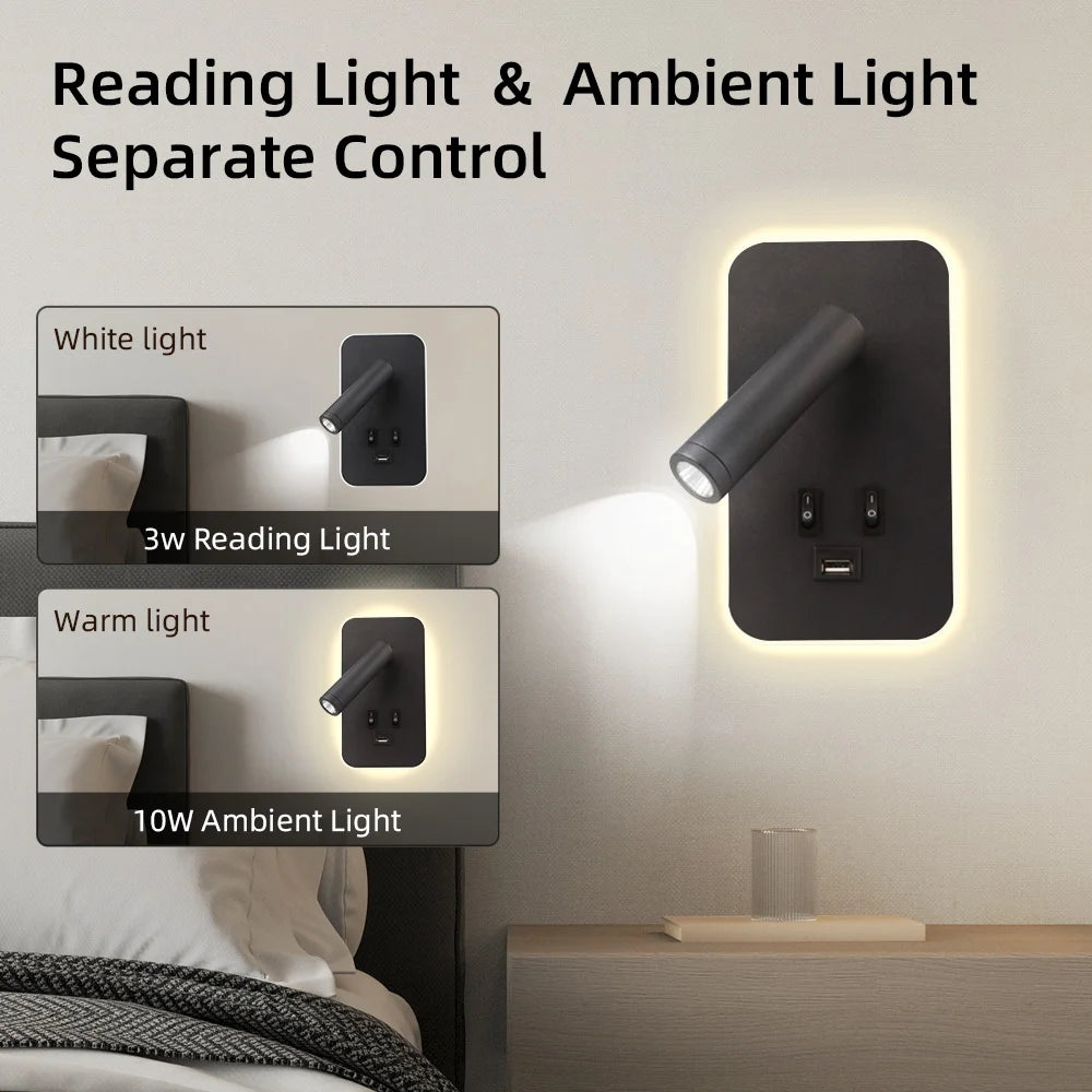 Moktan Sabai Bedside LED Wall Reading Lamp with USB Port Switch Rotatable Wall Sconce
