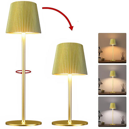 Gold floor lamp transforming into a table lamp with lifestyle images on a white background