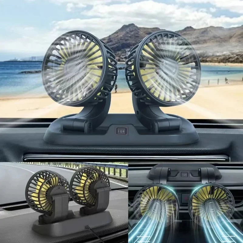Moktan Sabai Dual Head Car Fan | 12 Volt Portable Fan with Adjustable Airflow | USB Charging for Efficient Air Circulation