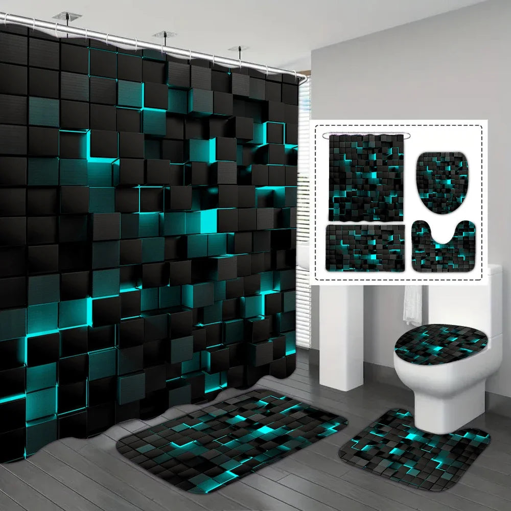 Moktan Sabai 4-Piece Waterproof Shower Curtain Set with Hooks & Bathroom Floor Mats Blue Black Dark Light Blue-4pcs 180*180cm