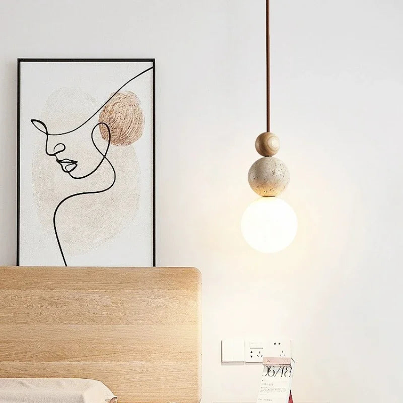 Moktan Sabai Wabi Sabi LED Pendant Light Stone Wood Modern Chandelier for Living Room log wood color Warm White