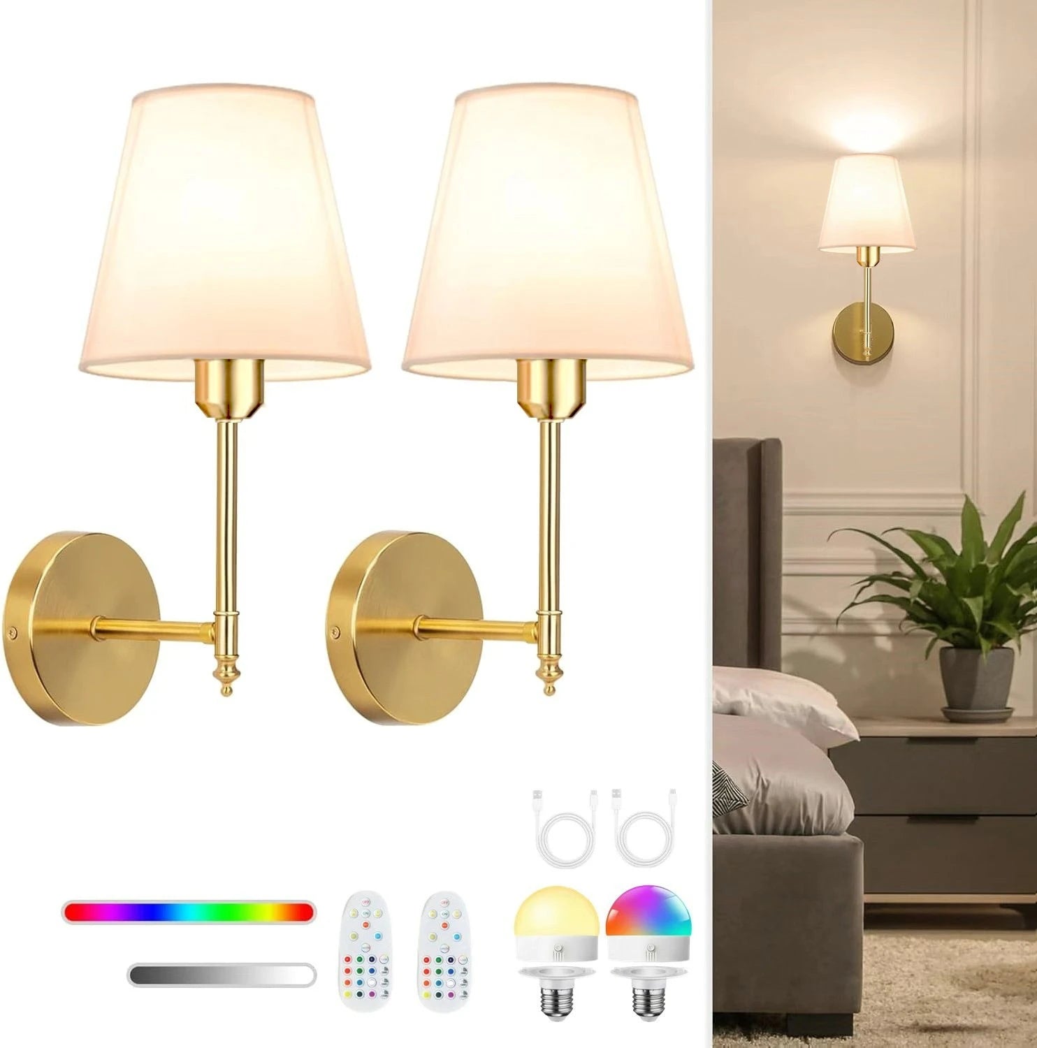 Moktan Sabai Wireless Wall Lamp – Rechargeable RGB Battery Light with Remote for Bedroom Decor Golden -2Pack 15Rgb