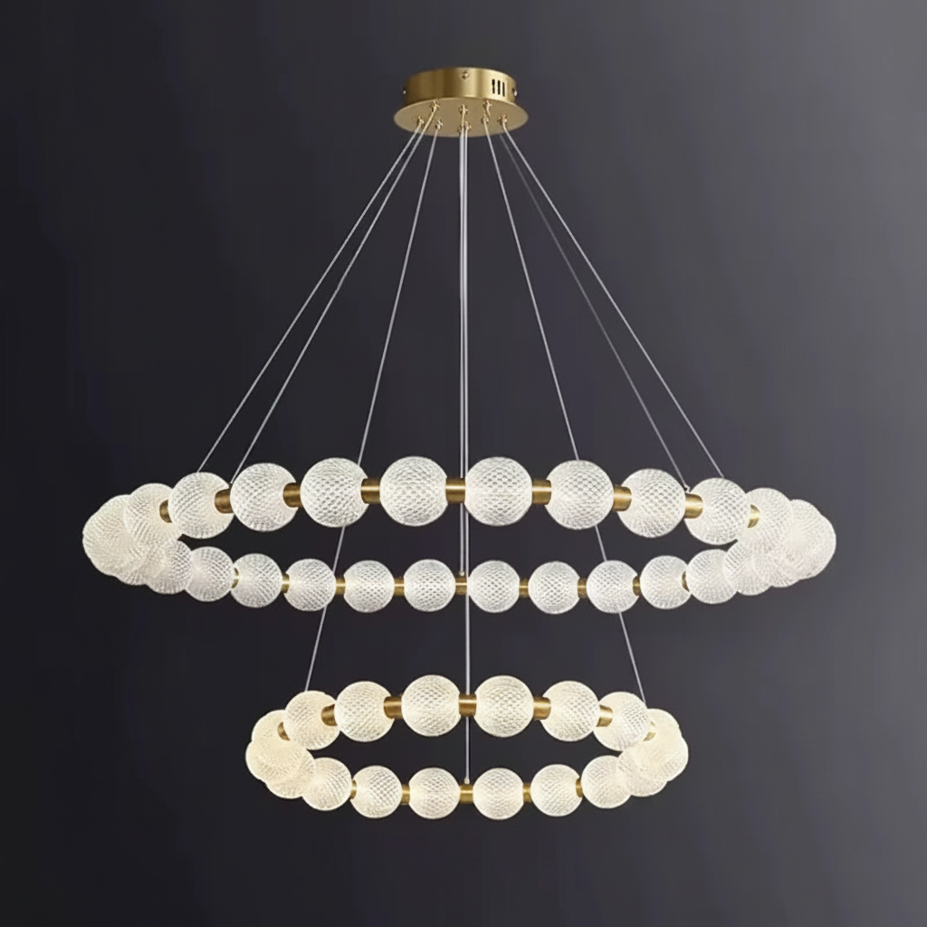 Moktan Sabai Alabaster Ring Chandelier – Gold Beaded LED Luxury Ceiling Light 2-layers 23.6″ + 31.5″ Gold & White