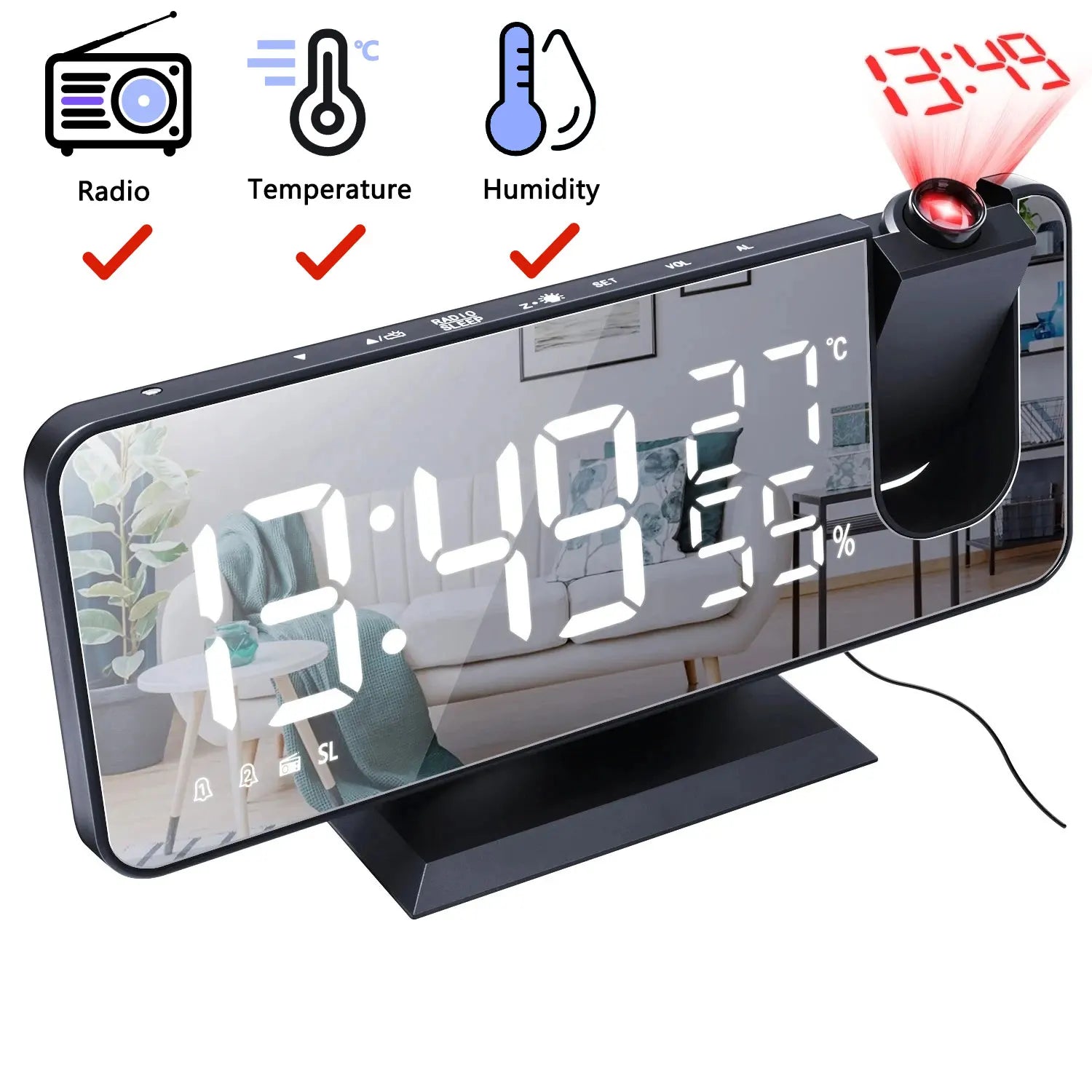 Moktan Sabai HD Projection Alarm Clock Large LED Display Digital Smart Radio Auto Dimming
