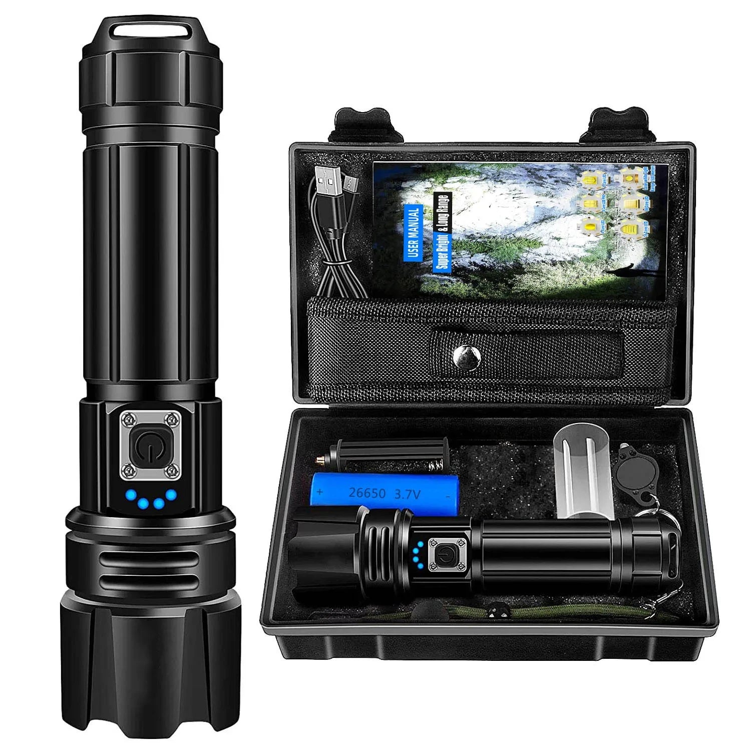 Moktan Sabai Rechargeable High Lumen LED Flashlight Waterproof 5 Modes Bright Torch Black Suit