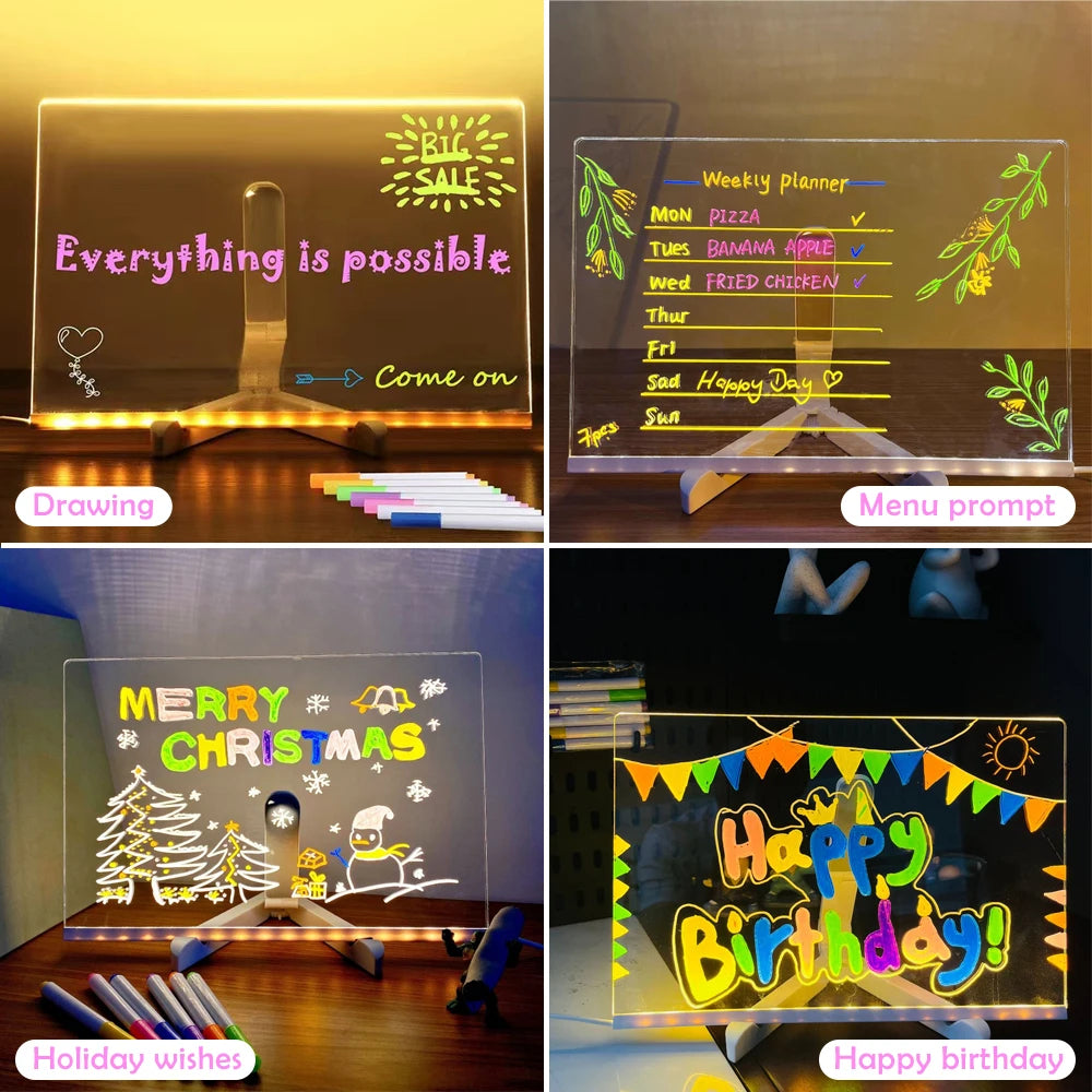 Moktan Sabai LED Kids Message Board – Colorful DIY Acrylic Drawing Board with 7 Pens Gift
