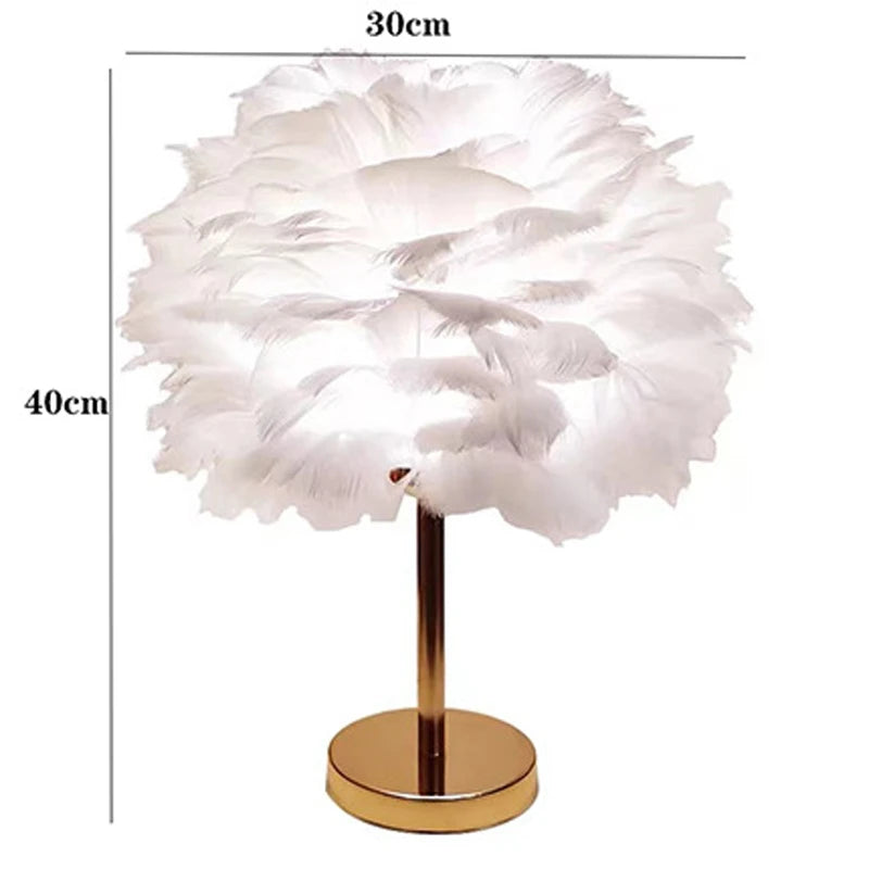 White Feather Table Lamp Plug-In Romantic Bedside Night Light for Girls Room Decor
