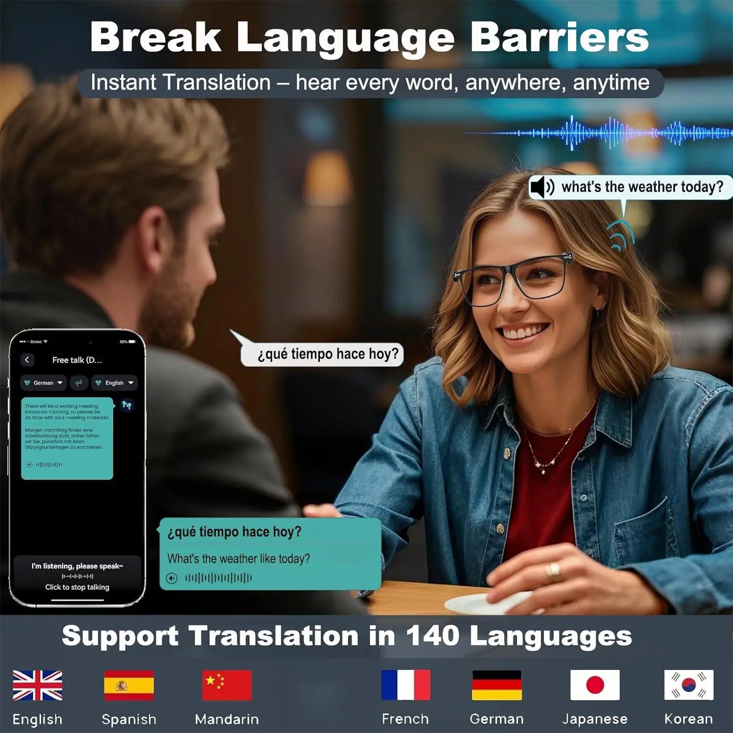 Moktan Sabai AI Translation Smart Glasses Photochromic Lenses Real Time 160+ Languages