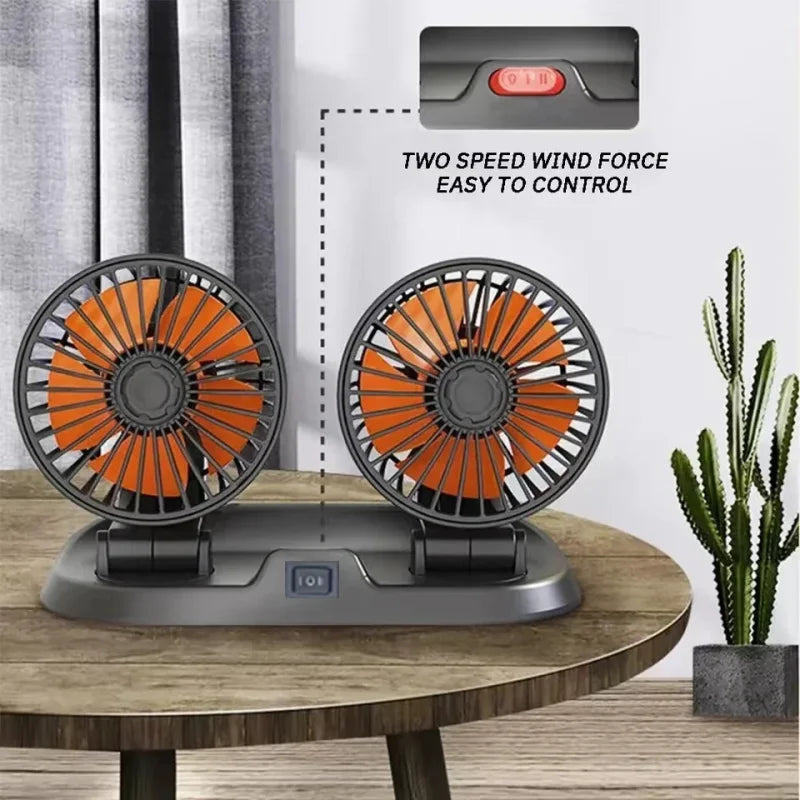 Moktan Sabai Dual Head Car Fan | 12 Volt Portable Fan with Adjustable Airflow | USB Charging for Efficient Air Circulation