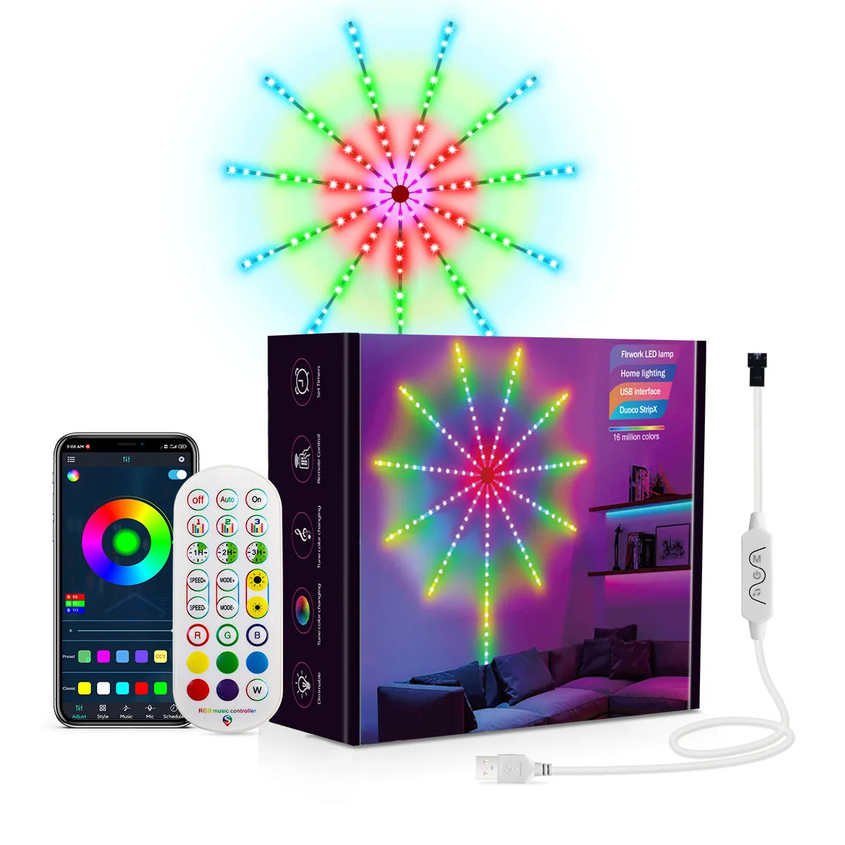 Moktan Sabai RGB Fireworks LED Strip Light Music Sync Sound Control Dream Meteor Decor Kit 1set