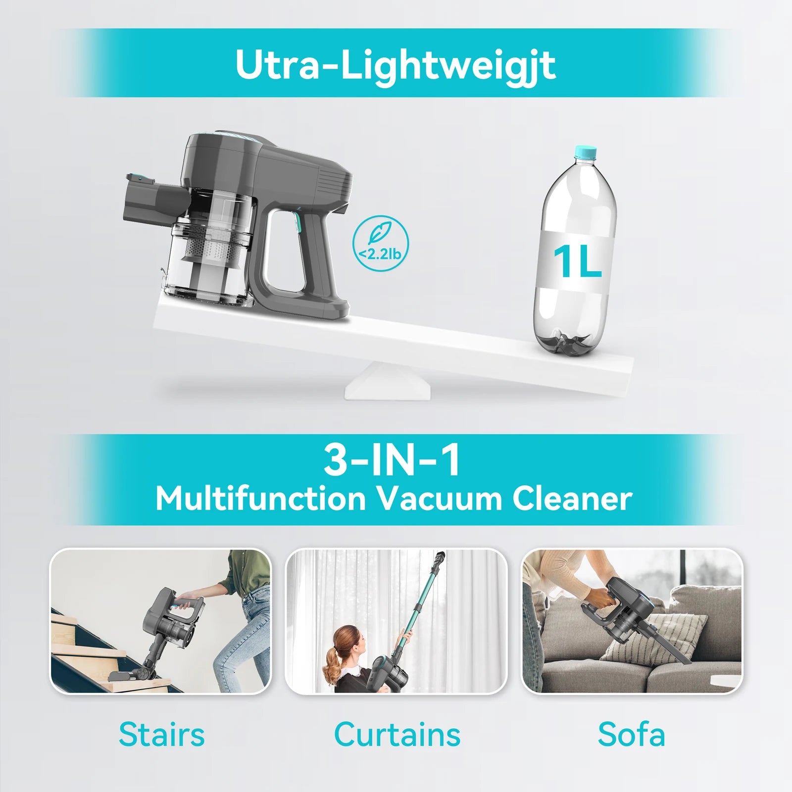Moktan Sabai Cordless Upright Stick Vacuum Cleaner 20KPa Lightweight for Carpet Pet Hair