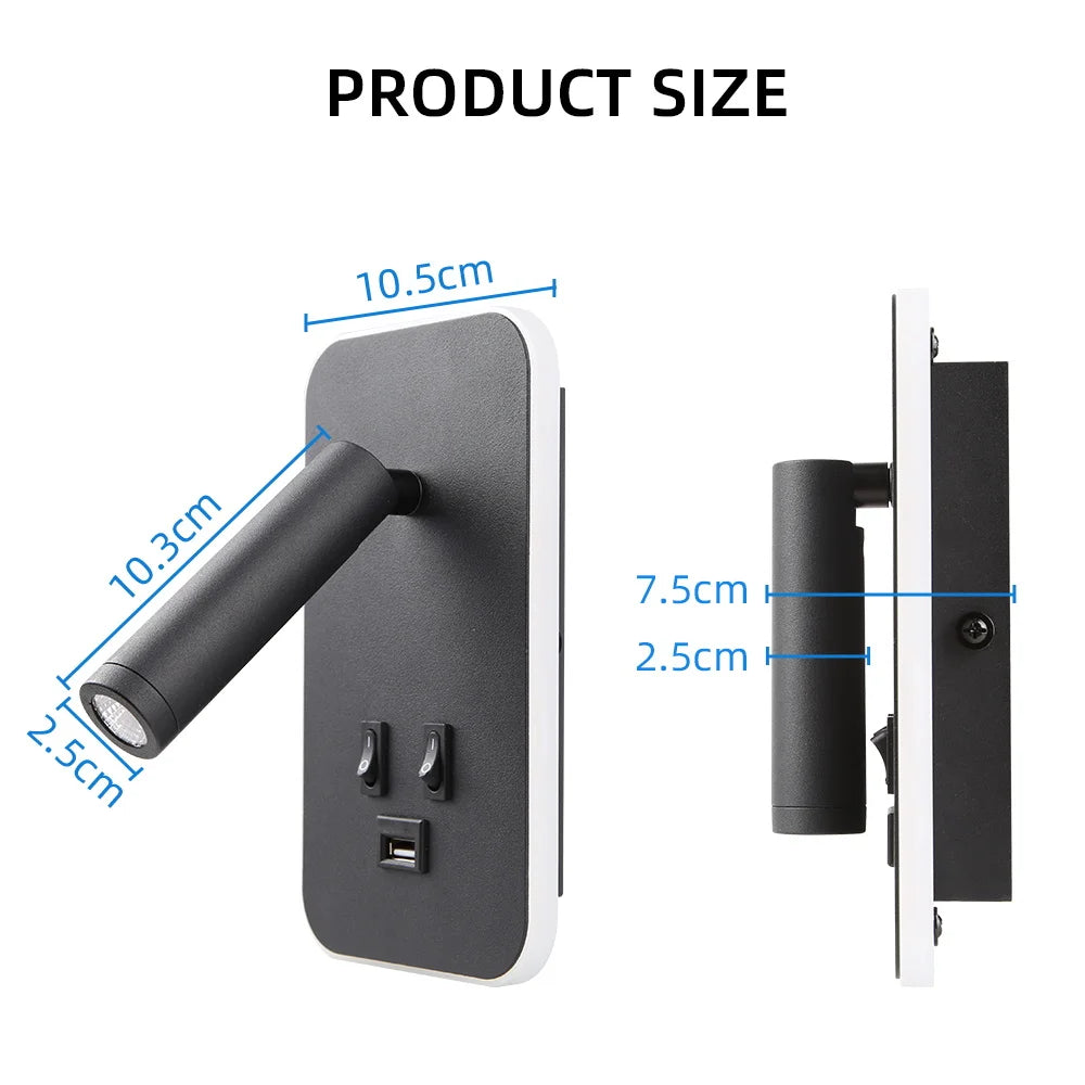 Moktan Sabai Bedside LED Wall Reading Lamp with USB Port Switch Rotatable Wall Sconce