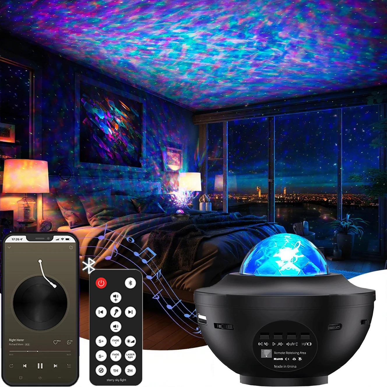 Moktan Sabai Galaxy Projector Starry Sky Night Light with Ocean Wave Music Remote USB for Kids Projector Light